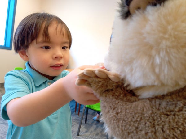 Image shows 3-year old boy feeding a cookie to the mouth of an animal hand puppet with both hands.