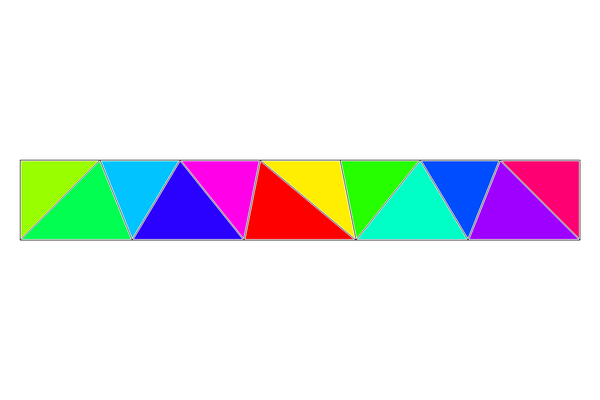 Several pictures demonstrating the results of the thing described in the toot.  They're colorful strips of triangles joining two strips of vertices (random counts).