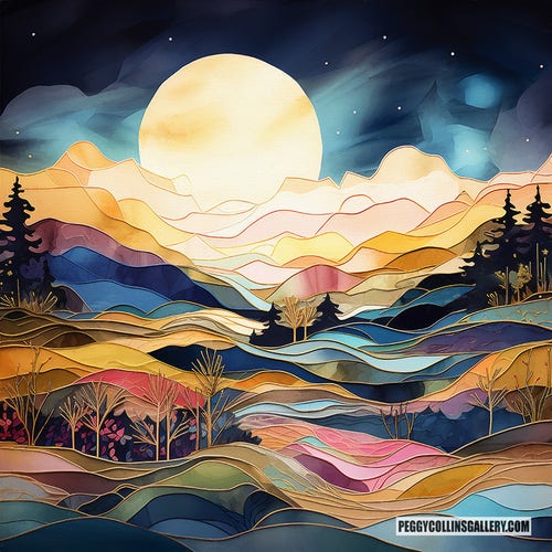 Artwork of a full moon and aurora borealis over a colorful landscape of mountains and rolling hills, by artist Peggy Collins.