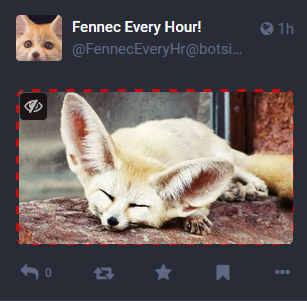 Example of a Mastodon image toot without alt text, from the bot account Fennec Every Hour.

It's a photo of an adorable sleeping fennec fox, sprawled belly-down on a rock with its giant ears sticking up.

The image is outlined with a thick border of bright red dashes.