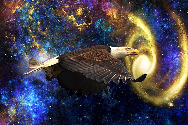 Image combining my photograph of a flying bald eagle with artwork of a cosmic galaxy, by Peggy Collins.