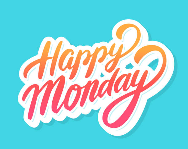 An image with a turquoise background and the words Happy Monday written in a thicker font that fade from orange to red.