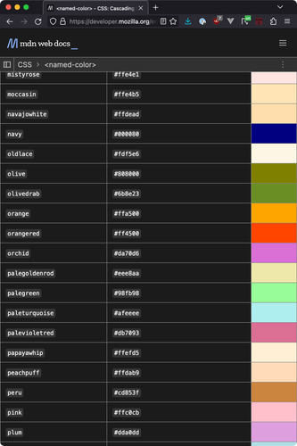 screenshot of the MDN table that lists all the named colours in CSS like “moccasin”, “orange”, “orangered”, “navy” and “plum”