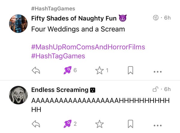 Fifty shades of naughty fun’s contribution to the hashtag game #MashUpRomComsAndHorrorFilms “Four Weddings and a Scream”

followed by Endless Screaming: “AAAAAAAAAAAAAAHHHHHHHHH”