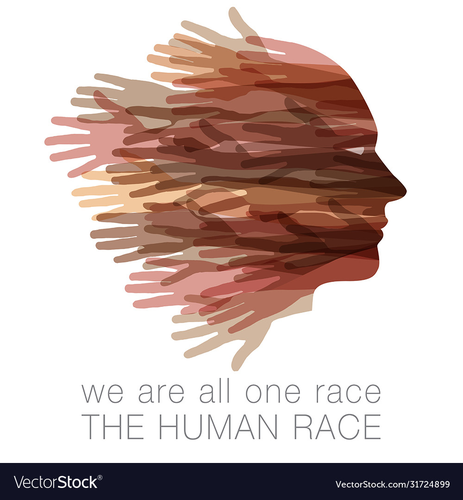 A human face created by images of many hands of many races.
Reads: "We are ll one Race, The Human Race."
Vis Vector Stock