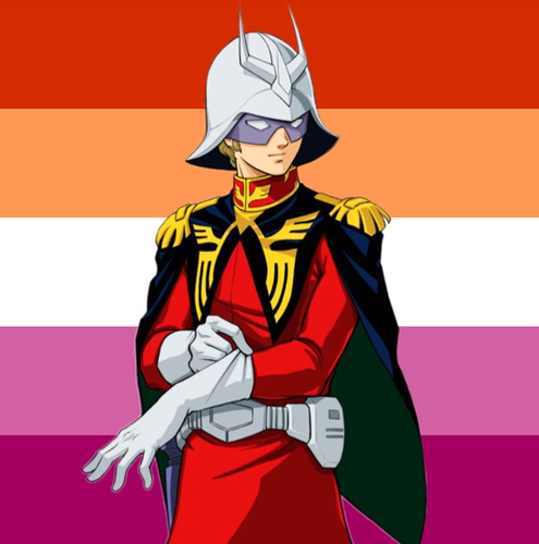 Char Aznable in front of the lesbian flag
