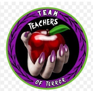 Image of a hand, with purple finger nails, holding an apple, in a purple and green circle. Reads: Team of Terror: Teachers.