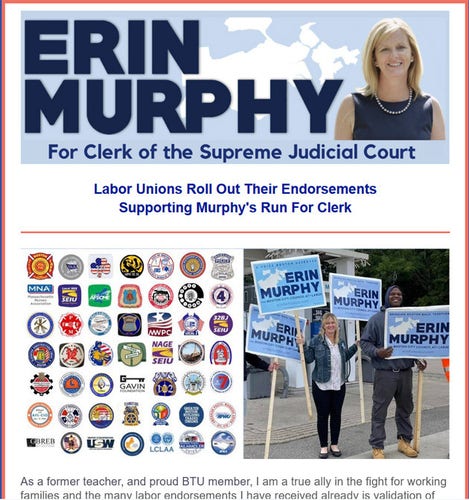 Erin Murphy press release that seems to indicate endorsements by 49 unions and other groups, but which is really from her 2023 race for city council; also, the logo shows a map of just Boston when there are three other communities in Suffolk County