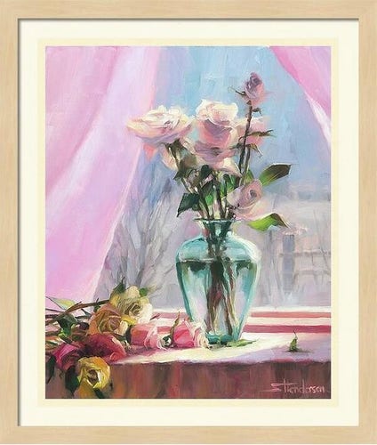 Framed print of an original oil painting depicting a bouquet of roses on a table in front of a window.