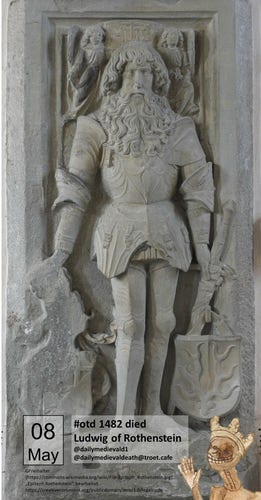The epitaph shows a man with long hair and beard in armor.