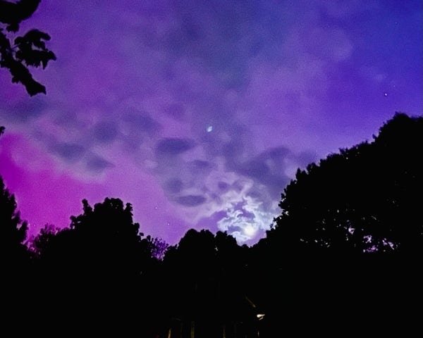Another aurora photo from Friday night.  This one taken by a family member. Rising above a silhouetted forest is an aurora which is pinkish purple on the bottom left and dark purple on top right.  Clouds are rolling in which darken the aurora except at the bottom where a crescent moon illuminates the white clouds.
