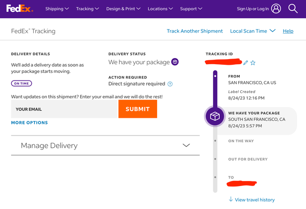 A screenshot of the FedEx package tracking page, showing that my FedEx package containing a Macbook Pro M3 is still "on time", though it was shipped in August 2023 and has allegedly not yet left the departure facility.
