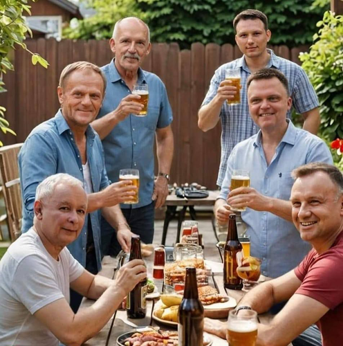 Politycy konkurencyjnych partii na piwie przy grillu. Korwin, Mentzen, Tusj, Hołownia, Kaczyński, Duda.
