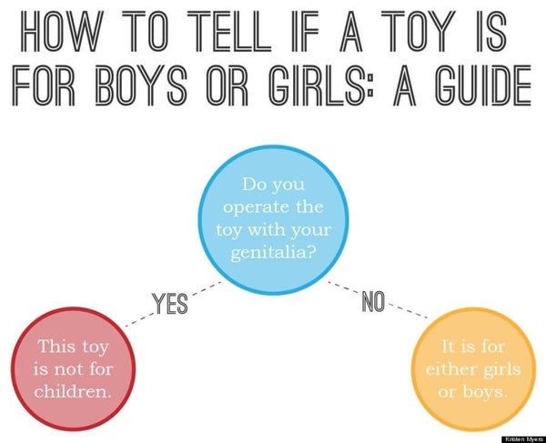 How to tell if a toy is for boys or girls: a guide. Pictured is a flowchart where the starting point asks,"Do you operate the toy with your genitalia?" The "No" option reads: "It is for either girls or boys" and the "Yes" Option reads,"This toy is not for children."