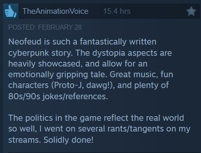 "A fantastically written cyberpunk story," Thanks for playing through Neofeud! 