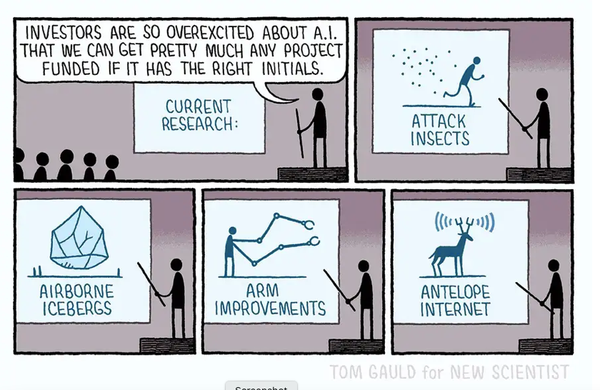 Cartoon: Presenter states 'Investors are so overexcited about A.I. that we can get pretty much any project funded if it has the right initials'... and then shows a series of slides picturing the following projects:

Attack Insects
Airborne Icebergs
Arm Improvements
Antelope Internet
