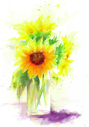 Sunflower stilllife with glass vase is a watercolor painting in vertical format painted by artist Karen Kaspar. It shows a stilllife with three beautiful sunflowers in a glass vase in vibrant shades of yellow, orange, green and purple.
