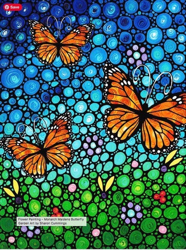 Monarch butterflies on a blue sky in a garden of green and yellow flowers in a unique mosaic style by artist and poet Sharon Cummings.  Haiku in post.