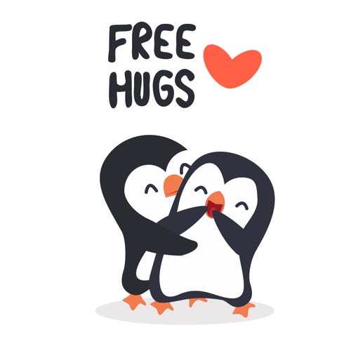 two cartoon penguins embrace under the words Free Hugs 