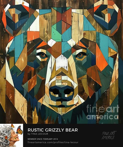 This is a portrait of an abstract bear made of colorful geometric shapes on rustic wooden background.