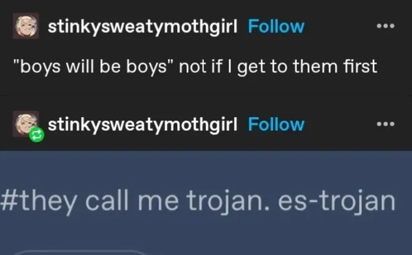 An image. It reads "Boys will be boys" not if I get to them first. It's got the hashtag #they call me Trojan, es-trojan