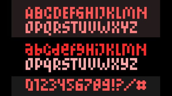 Alphabet samplers in red and pink of a bitmap font called Gorgeous Pixel.