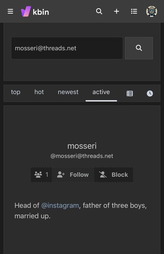 Screenshot of kbin interface that shows threads account from search.