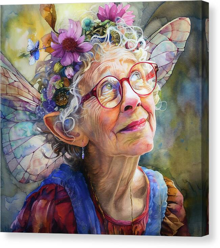 An elderly lady with whimsical fairy wings looks upward with a joyful expression, wearing red glasses and a crown of colorful flowers in her curly white hair. Her large, pointed ears add to her fairy-like appearance, giving her a magical aura as a butterfly flutters beside her.