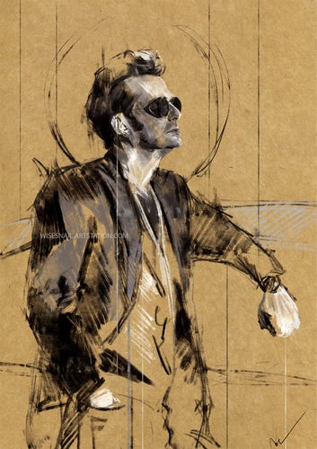 Rough portrait of Crowley from Good Omens as played by David Tennant. He is painted in black, white and grey on a digital ochre paper. The portrait is almost unfinished in some parts, and makes ample use of negative spaces. Crowley is standing and leaning against a barely sketched car, looking to the right. A dark halo surrounds his head.
