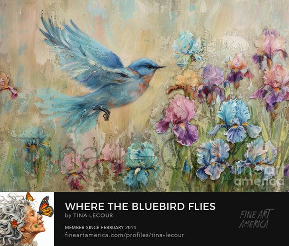 This is a painting of a pretty Eastern Bluebird flying over a garden of colorful iris flowers.
