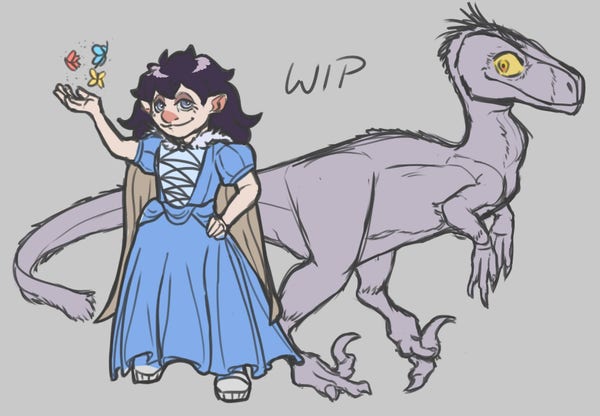 A work in progress digital illustration on a grey background depicts a halfling and a raptor-like dinosaur. The halfling stands in a blue dress with her left hand in her hip as her right hand is held up, summoning three butterflies above it. To her right, a Clawfoot stands in profile, looking back at her with a yellow eye.