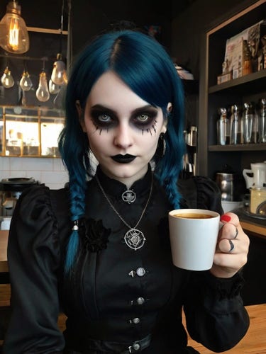 a gothic girl with a cup of coffee