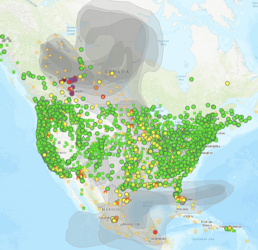 screenshot from airnow dot gov, fire and smoke map for North America - widespread poor air quality in Central Canada is seen. US is good, fires in Mexico as well.