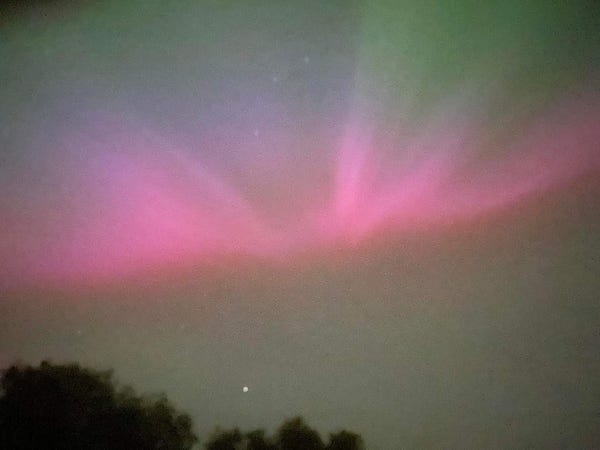 Another photo of the northern lights. There's some green with the purpley pink now too