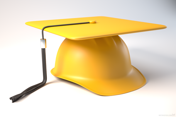 3D illustration, depicting a blend of a construction worker's safety hard hat and a graduation cap.