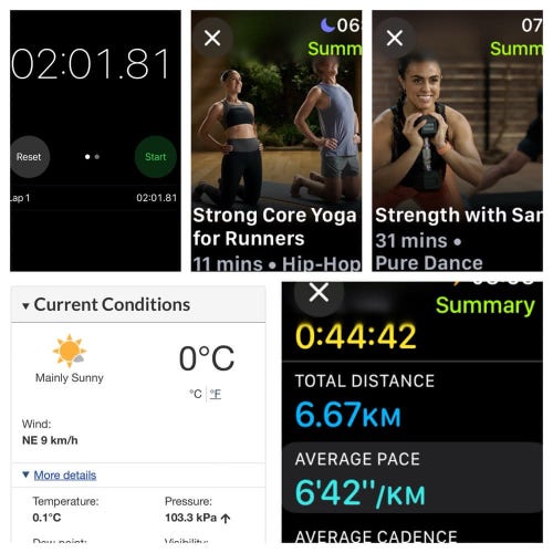Four iOS screenshots:
1) Timer app showing 2:01.81

2) Apple Fitness Strong Core Yoga for Runners, 11 minutes.

3) Apple Fitness Strength with Sara, 31 minutes

4) Environment Canada site showing 0°C and a NE 9 km/hr wind

5) Apple Fitness Running Details
Total Time: 44:42
Total Distance: 6.67 KM
Average Pace: 6’42”/KM
