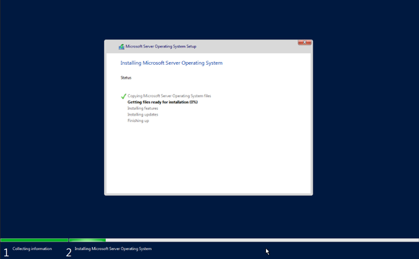 A screenshot from the windows server installer, showing that the system is currently being installed