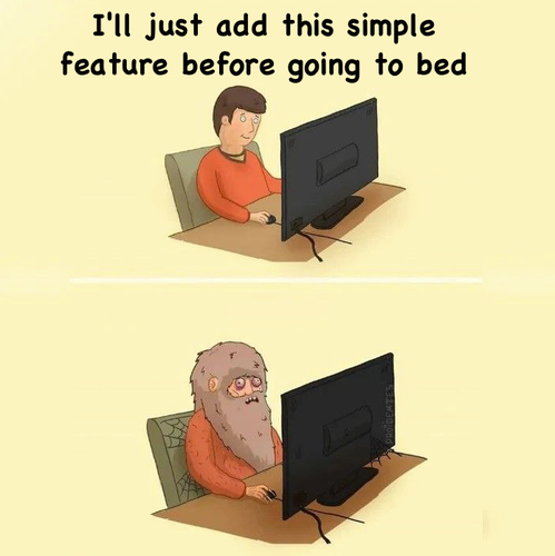 picture of a guy sitting inf front of a computer saying I'll just add this simple feature before going to bed

next picture same guy with grey hair and a huge beard
