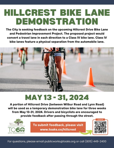 Flyer "Hillcrest Bike Lane Demonstration"

The City is seeking feedback on the upcoming Hillcrest Drive Bike Lane and Pedestrian Improvement Project. The proposed project would convert a travel lane in each direction to a Class IV bike lane. Class IV bike lanes feature a physical separation from the automobile lane.