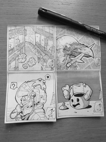 4 post-it dessiné : une ville habitée par des champignons, un corbeau tenant un couteau dans son bec, un astronaute coiffé de son casque où est posée une créature alien, un personnage à tête de citrouille posée sur une table et tenant un cœur 