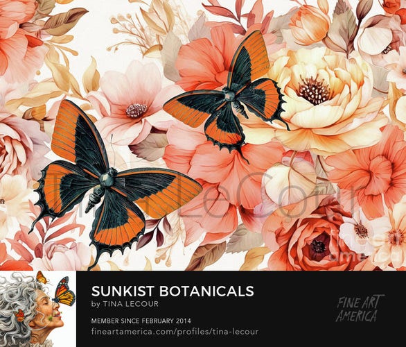 This is botanical floral with two big black and orange butterflies set against a background of big peach and white peony flowers.