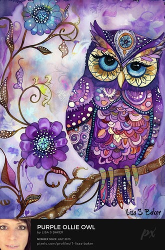 A colorful and ornate owl is perched on a branch amidst a whimsical background with floral elements. Its feathers are intricately decorated with various patterns, and it has large, expressive eyes that draw attention.