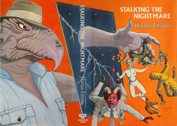 Jacket art for Stalking the Nightmare by Harlan Ellison, art by Jane Mackenzie. The cover shows a bird-like humanoid reaching through a Phantom Zone-like mirror. On the other side of the mirror are various characters from the stories in the book, tumbling through empty space. 
