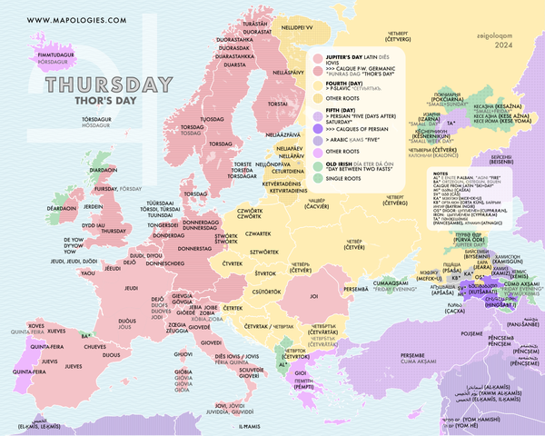 Etymological map of thursday in several different languages
