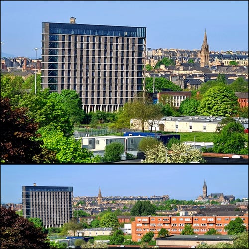 A composite photo showing how a new student accommodation building blots out viewa of historic buildings.