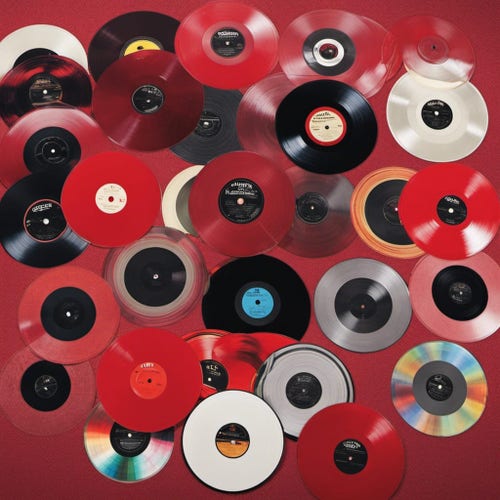 Albums art: Red or black vinyl & CDs in a montage on red