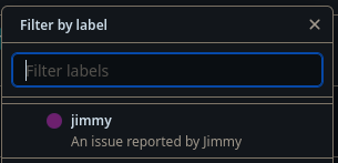 A popup to select GitHub issue labels. One of the suggested labels is "jimmy – An issue reported by Jimmy"