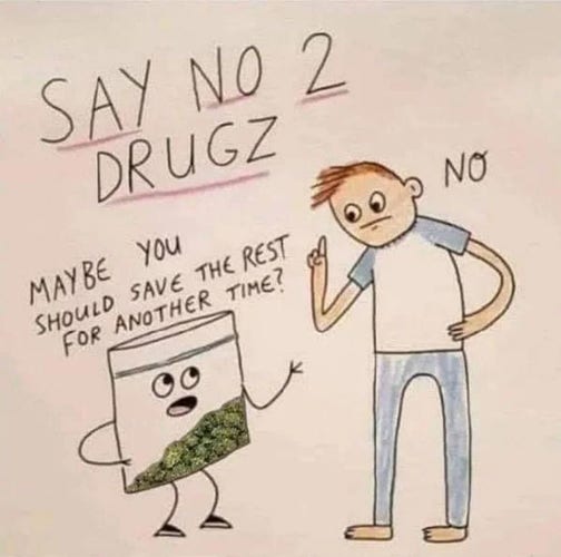 say no 2 drugz

and it's a bag of weed telling someone "maybe you should save the rest for another time?"

they respond "NO"