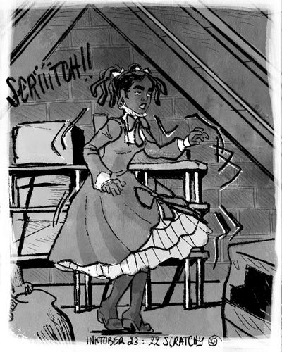 Still in the attic, young Esther turns on herself after listening to a scratchy sound 
