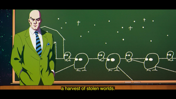 Professor Xaviar of the X-Men explaining to an interstellar audience why Colonialism is bad, with a caption of "a harvest of stolen worlds".